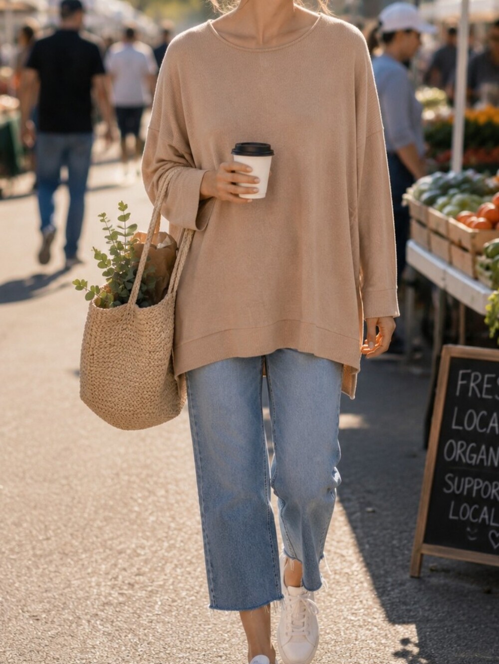 NWT Apricot Beige Ribbed Knit Tunic Sweater Top Oversized Dolman Sleeve